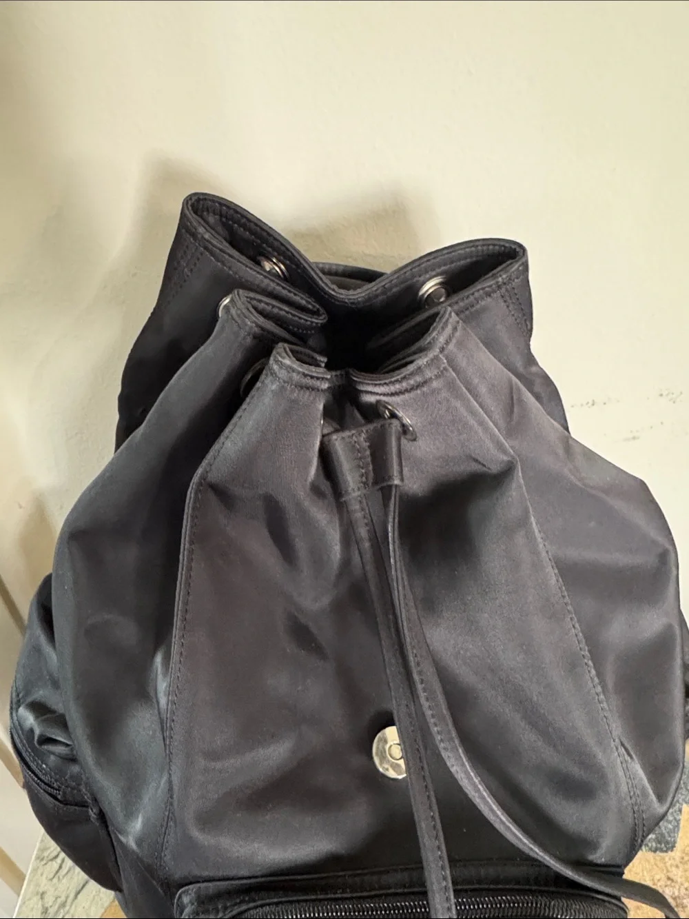 GUESS Black Nylon Drawstring Backpack with Front Pocket